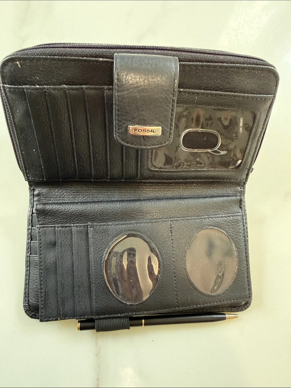 Fossil Black Leather Zip-Around Wallet with Gold Accent